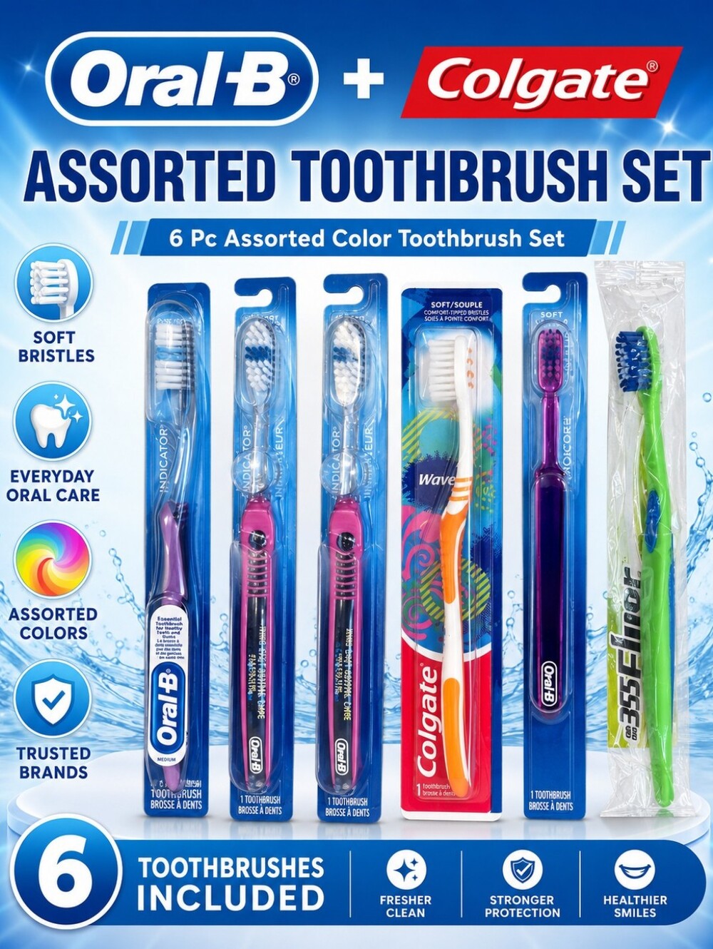 💙6 Pc Assorted Color Toothbrushes BONUS FREE TOOTHPASTE